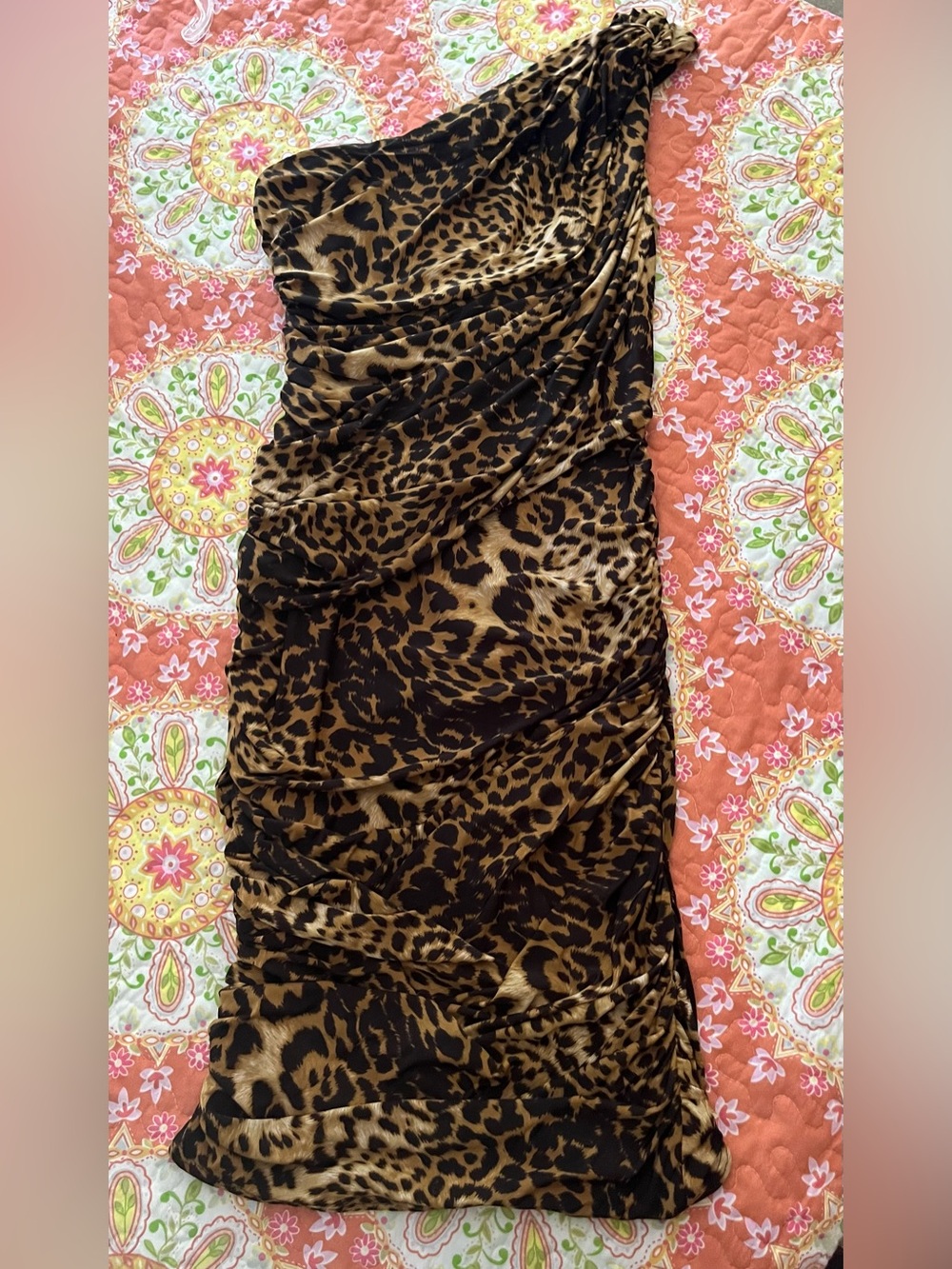 Tadashi Shoji One Shoulder Leopard Print Ruched Black Brown Midi Dress Sz Small - Picture 3 of 8